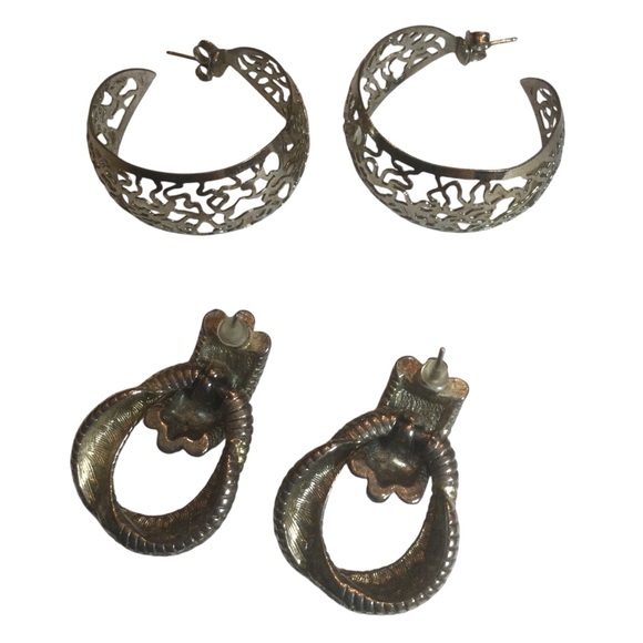 VTG Silvertone  Cut Out Hoop And Rope Door Knocker Pierced Earrings - Picture 2 of 4